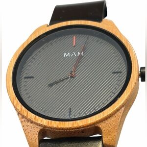 MAM Wooden Watch with Black Leather Strap NIB working battery
